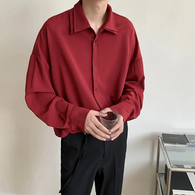 Long sleeve shirt men Double Collar Ice Silk Shirt Men Vintage Wine Red Shirts Men Korean Comfortable Blouse Casual Loose Shirt 250707