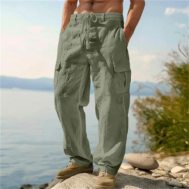 Summer Men Casual Pants Loose Comfortable Straight Leg Pants Multiple pockets Cargo Pants Drawstring Thin sports Trousers 250708