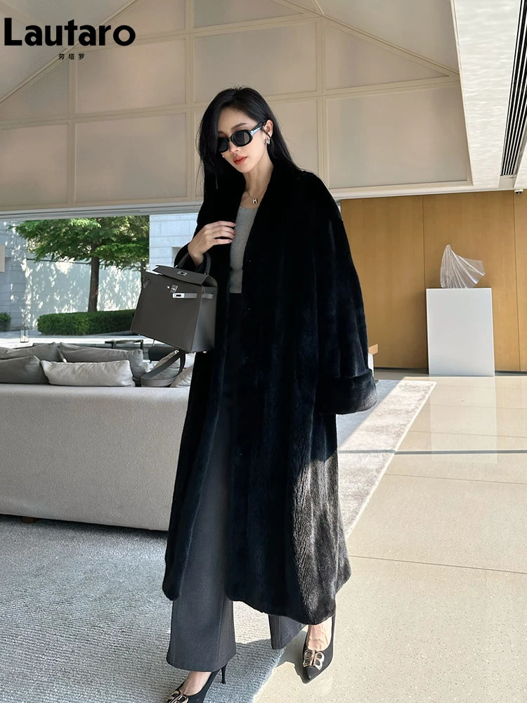 Lautaro Autumn Winter Long Elegant Chic Soft Thick Warm Brown Hairy Faux Mink Fur Coat Women V Neck Fluffy Overcoat 250708