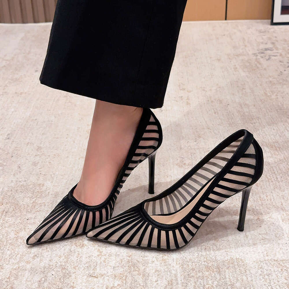 97035-18 Mesh High Heels Goddess Style New Pointed Toe Elegant Striped Single Fashion Stiletto Socialite Women's Shoes