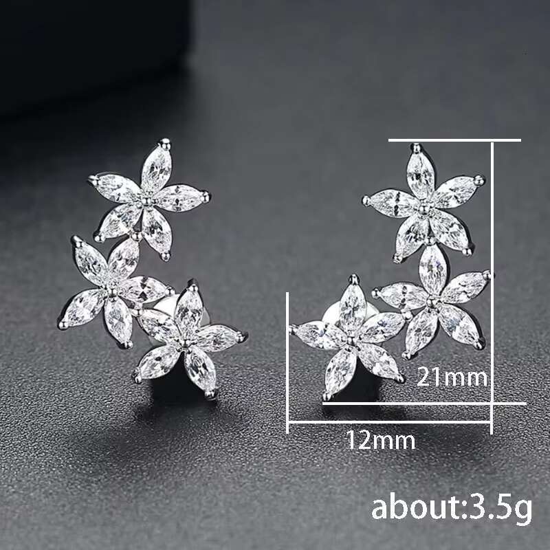 Hot Sale Luxury Flowers Earrings Piercing Crystal Cubic Zirconia Delicate Women Statement Jewelry Silver Plated Earrings