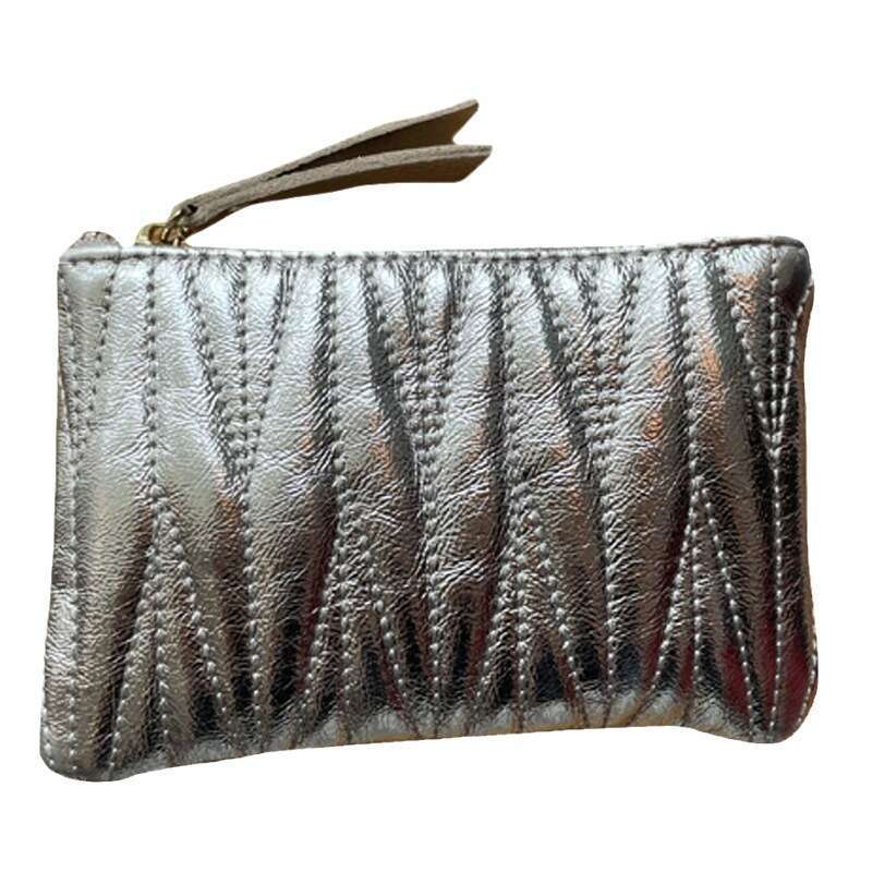 Top Layer Cowhide Embroidered Thread Coin Purse Women Key Card Holder Genuine Leather Zipper Handbag Lipstick Storage Bag Ins Trend