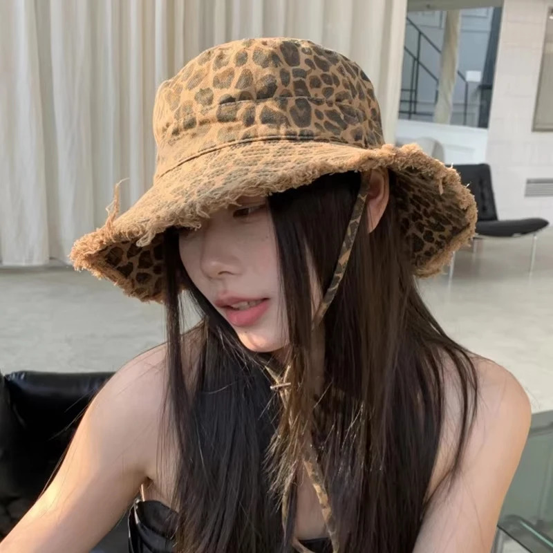 Leopard print fisherman hat for women spring and summer small basin hat large eave thin outdoor sun protection hat 250711