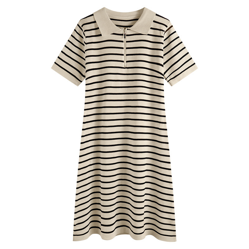 DR266 Loose Stripe Casual Knit Short Skirt Lapel Zipper Midi Skirt