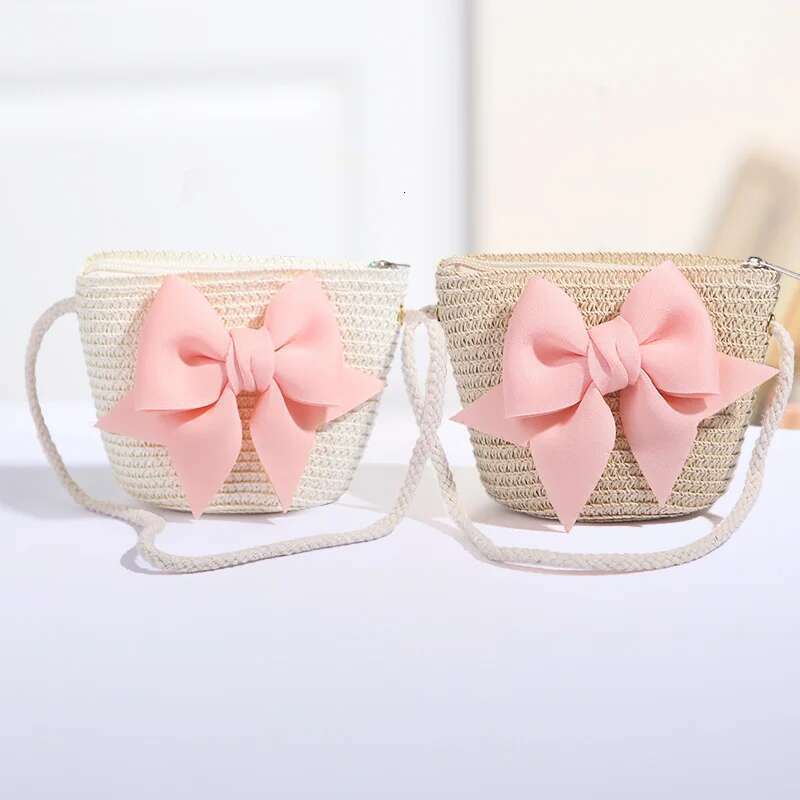 New Pink Bow Girl Zipper Woven Straw Kids Princess Messenger Outdoor Travel Keys Candy Crossbody Bags
