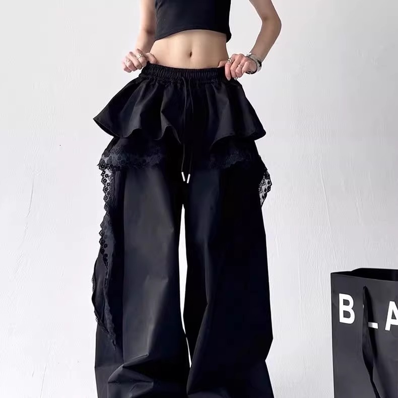 Summer new women's pants, new layered hem work pants, women's summer American retro loose fit straight leg wide leg pants, new designer pant