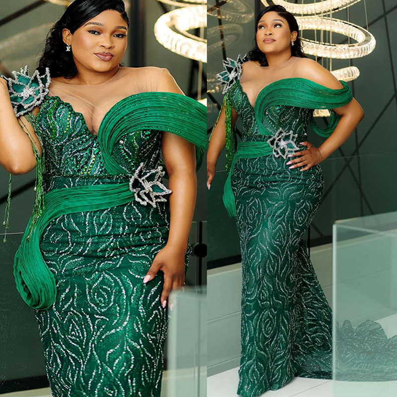 2025 Plus Size Green Aso Ebi Prom Dress African Mermaid Prom Dresses Evening Formal Gowns Sheer Neck Illusion Beaded Lace Birthday Dress Second Recept