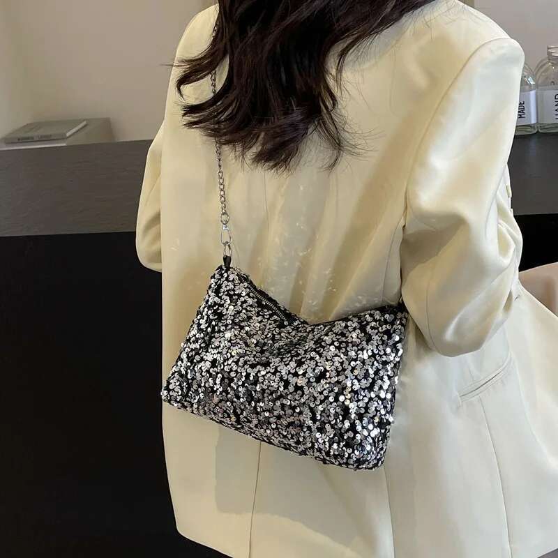Women Bling Shoulder Chic Sequins Glitter Underarm Sling Adjustable Chain Strap Crossbody Bag Commute Shopping Handbags