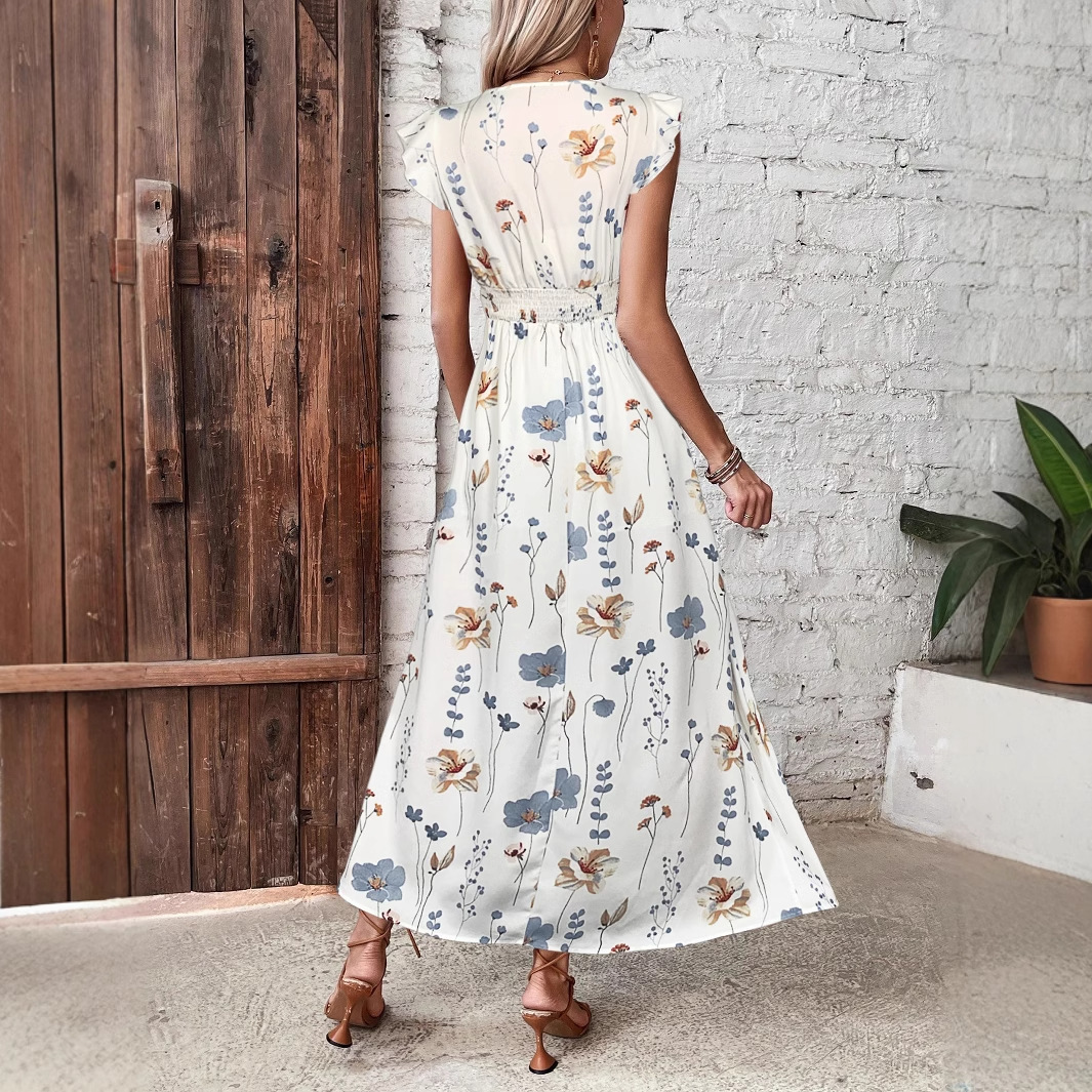 2025 Summer new women's skirt pleated V-neck long skirt new high waisted printed long skirt new luxury designer women's skirt new leg slit w