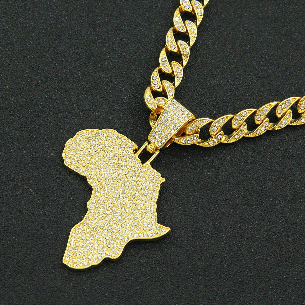 Luxury Jewelry Designer Jewelry Personalized Full Diamond Map Pendant Chain Necklace European And American Hip Hop Trendy Cool Choker Collarbone Chain