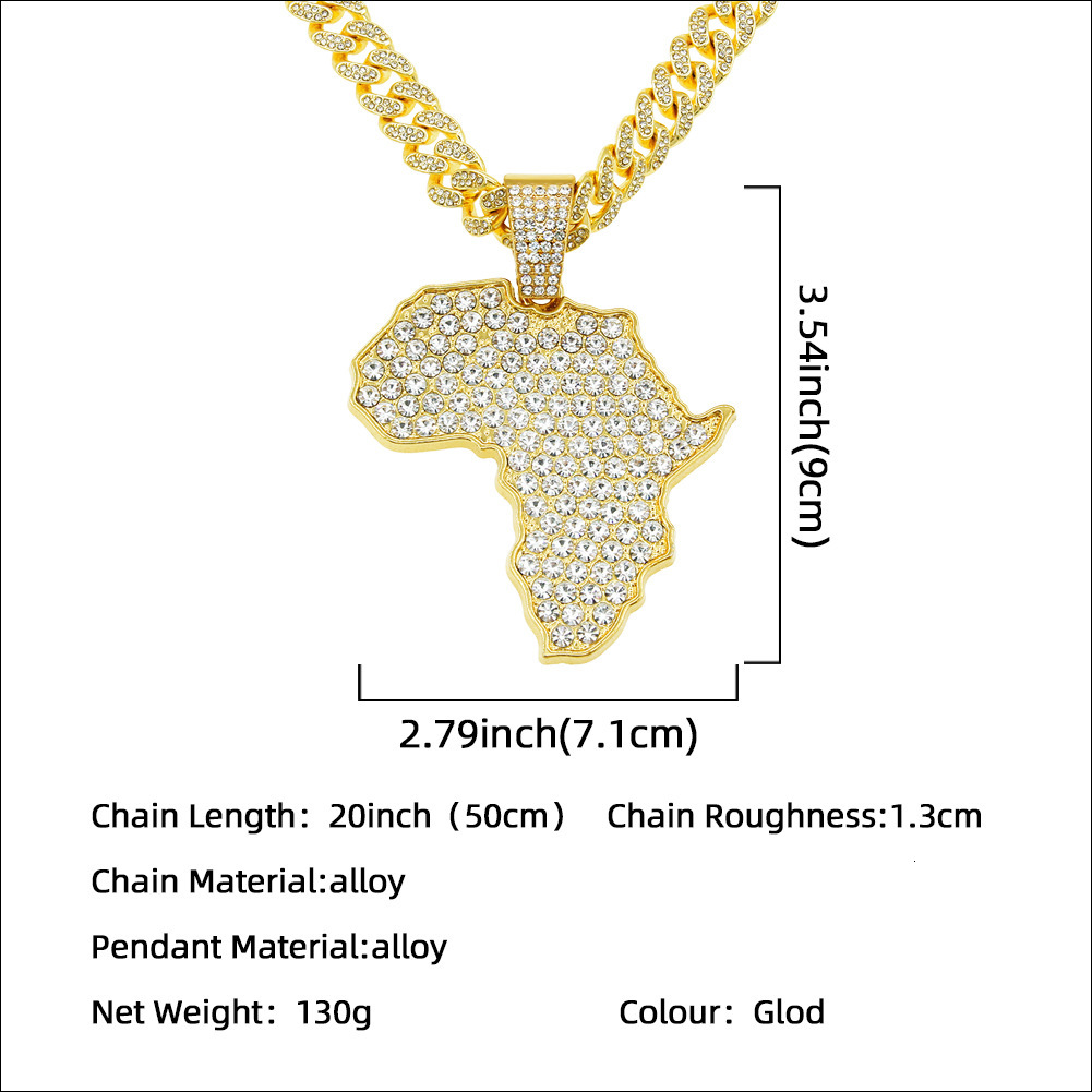 Luxury Jewelry Designer Jewelry European And American Hip-hop Personality Full Diamond Large Map Pendant Necklace Miami Chain Trendy Punk Collarbone C