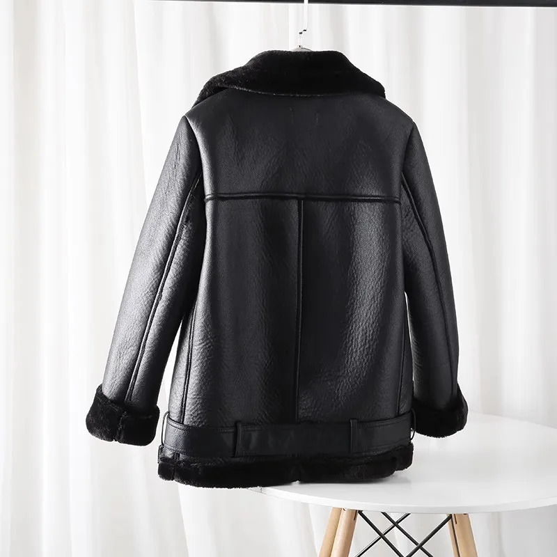 ZVRI Classic Womens Double Sided biker Jacket with Thick fur Warm black womens jacket 250708