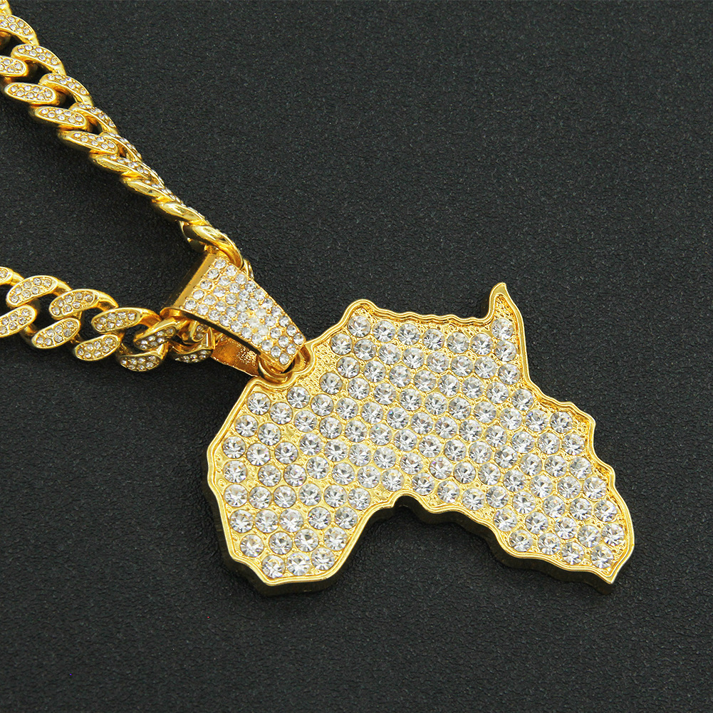 Luxury Jewelry Designer Jewelry European And American Hip-hop Personality Full Diamond Large Map Pendant Necklace Miami Chain Trendy Punk Collarbone C