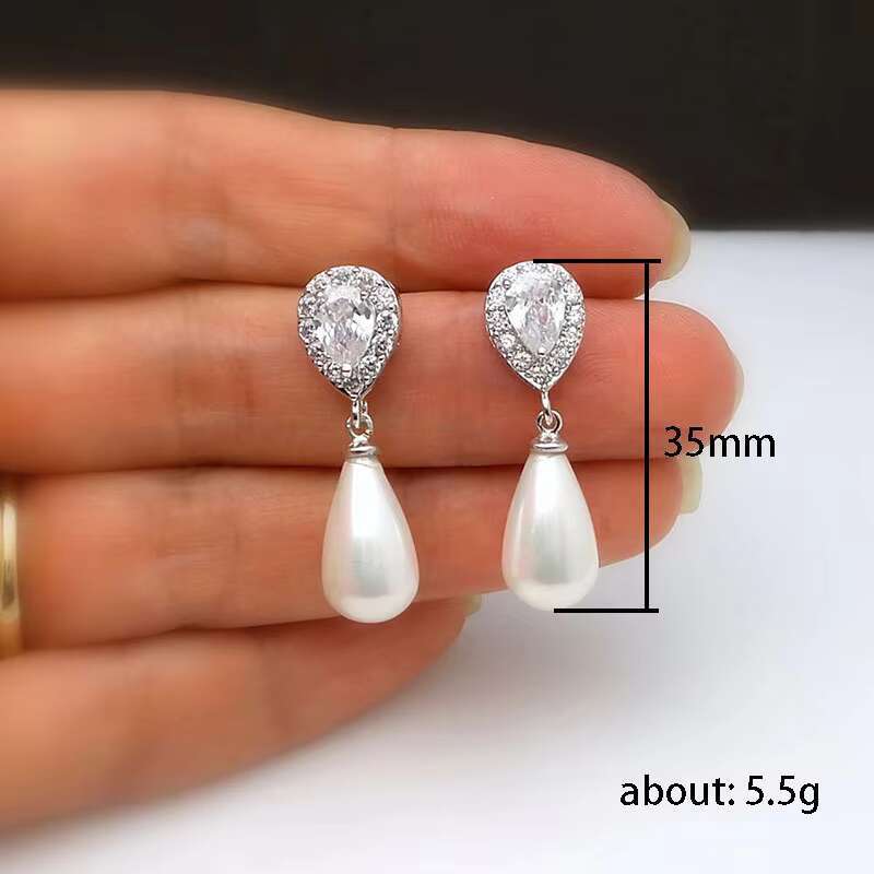 Elegant Wedding Bridal Jewelry Teardrop Imitation Pearl Drop Earrings 925 Silver Plated Cubic Zirconia Stud Earrings