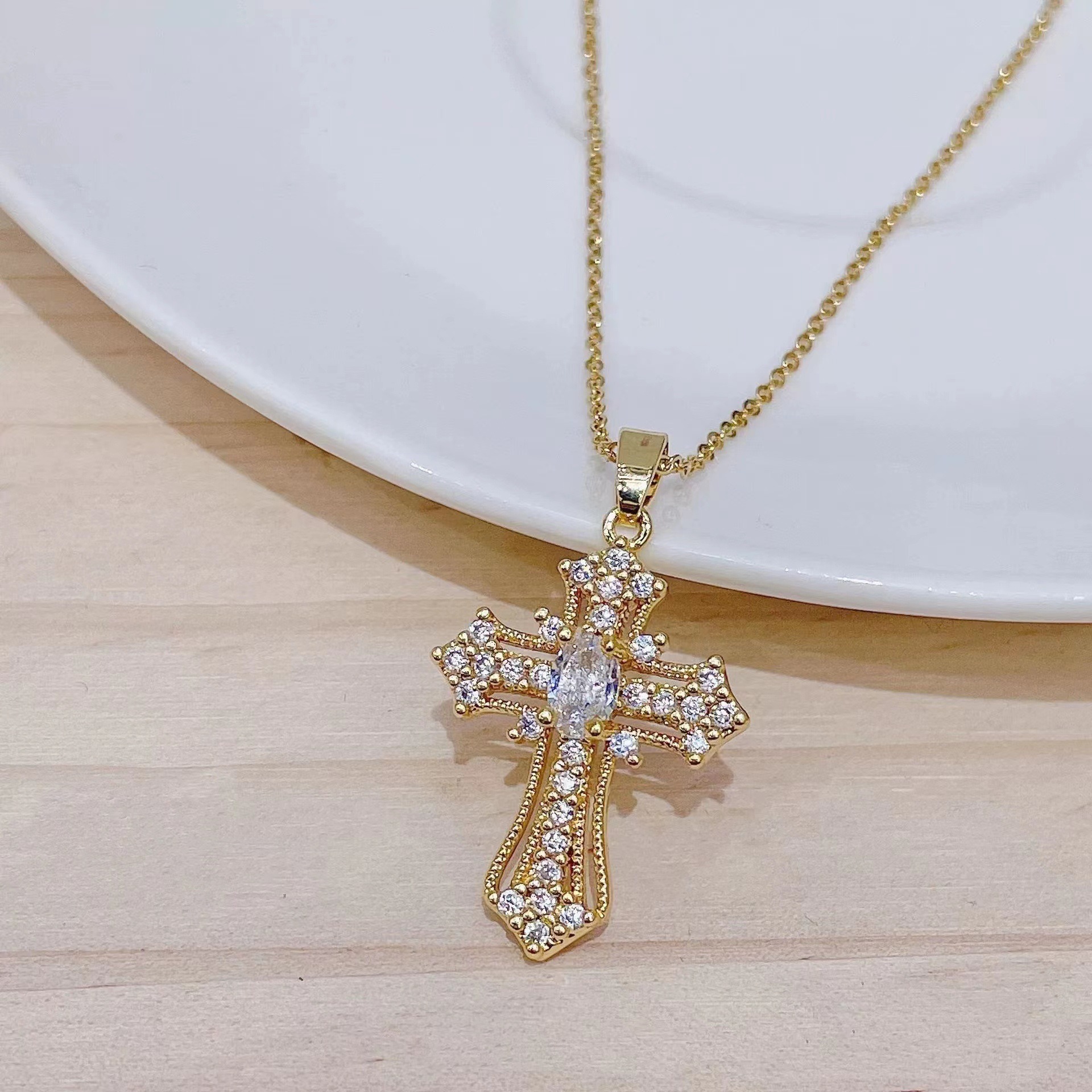 Luxury Jewelry Designer Jewelry Cross-border Retro Punk Cross Necklace Personality Zircon Cross Pendant European And American Niche Titanium Steel Col