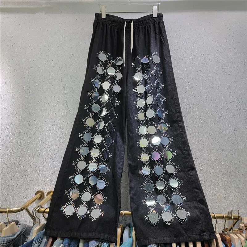 Hot Drilling Plaids Dias Beaded Shirt Coat Big Sequined Jacket Tops+High Waist Straight Wide Legs Denim Pants 2Pcs Set