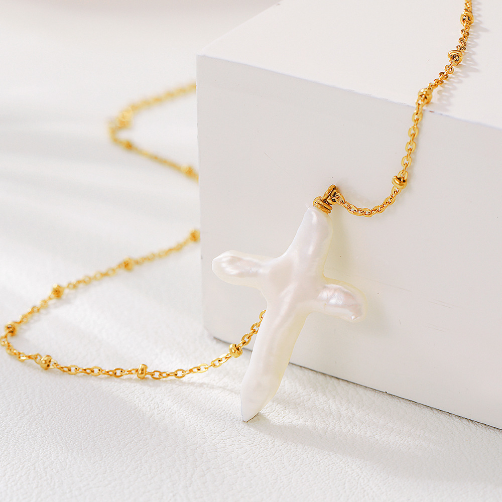 Luxury Jewelry Designer Jewelry Baroque Cross Pearl Pendant Titanium Steel Non-fading Collarbone Chain Layered Necklace Ins Hot Item Cross-border Supp