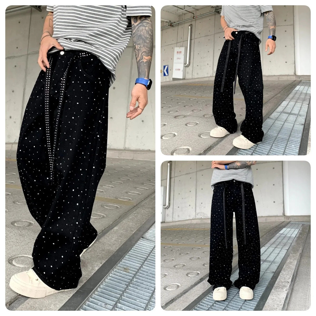 Bright Diamond Wide Leg Baggy Jeans Men Streetwear Fashion Hip Hop Loose Casual Plus Size Oversize Denim Jeans Pants Trousers 250712