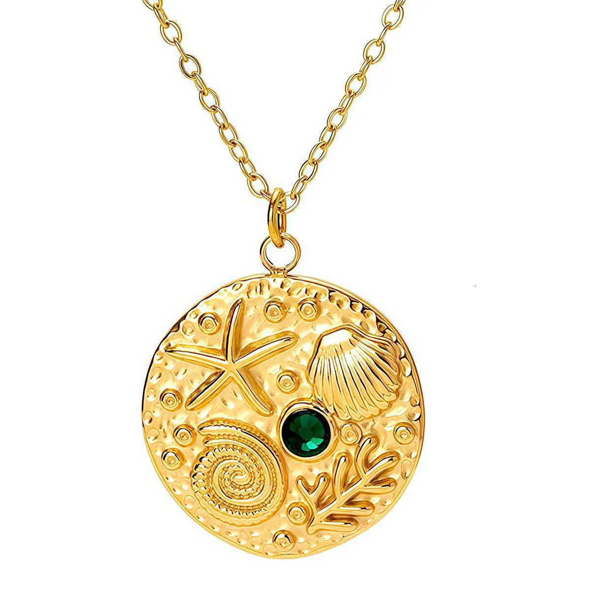 14K Gold Color Waterproof Stainless Steel Round Ocean Starfish Shell Charm Necklace Pendant Choker Jewelry for Women Daily Wear W250712