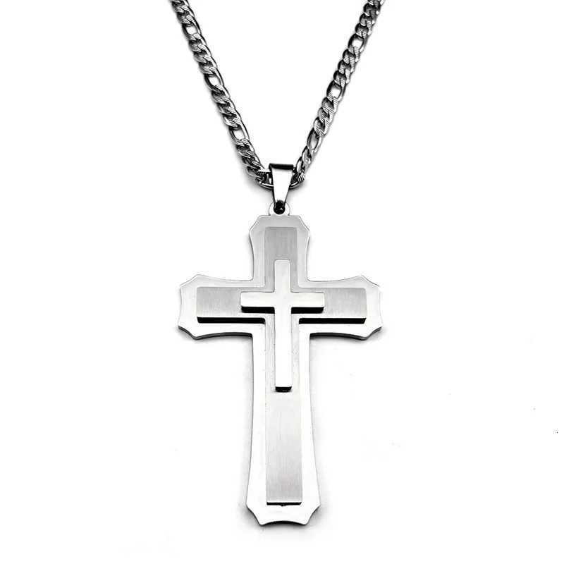 Big Jesus Cross Pendant Necklace for Men Stainless Steel Silver Color Link Figaro Chain Male Jewelry W250712