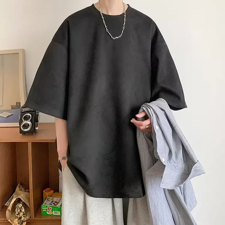 Heavyweight Suede Short Sleeve TShirt Mens Oversize Casual Loose Fit FiveQuarter Tee Summer Comfortable Male Apparel 250707
