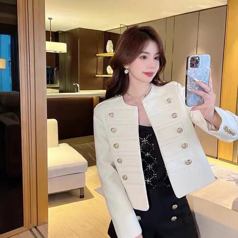 Korean Fashio Small Fragrance Autumn Coat Women High Quality Vintage Double Breasted O-neck Short Tweed Jacket n 250709