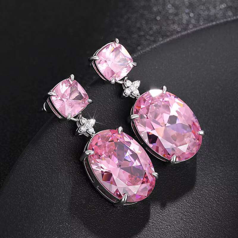 New Pink Inlaid Zircon Earrings Womens Fashion Small Cross Link Exquisite Fashion Medium to Long Swinging Jewelry