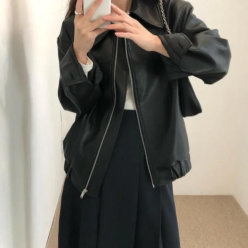 Stylish Lapelzip-Up Loose-Fit Casual Korean Chic Autumn Long Sleeve Leather Jacket For Women Unique Motorcycle Jacket 250708