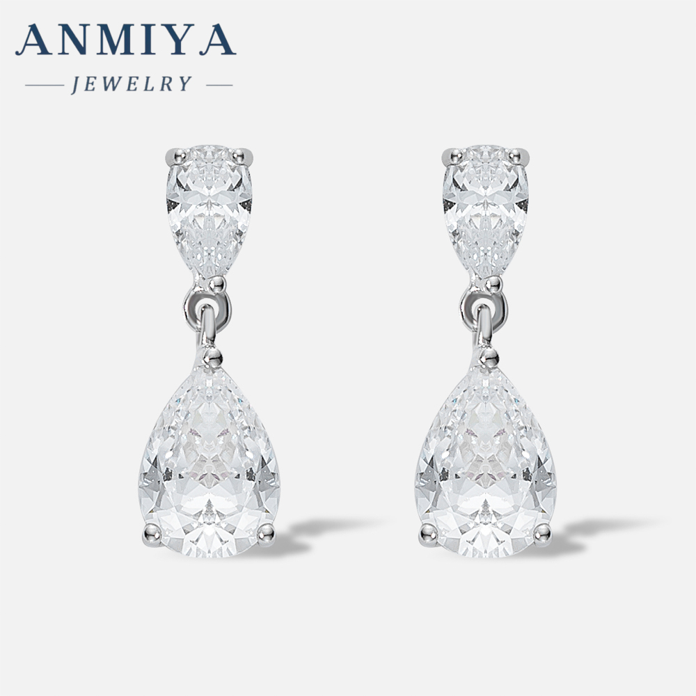 Shiny White Cubic Zirconia Water Drop Earrings for Brides Wedding Evening Party Costume Jewelry Accessories Rhodium Plated