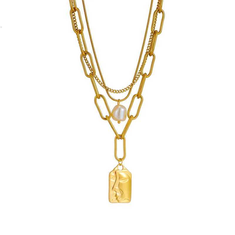 316L Stainss Steel 3-Layer Pearl Square Portrait Pendant Necklace For Wen Punk Street Trend Chain Neck Jewelry Gift W250712
