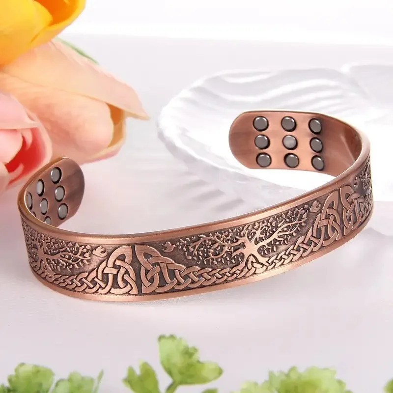 Pure Copper Cuff Bracelet Bangle Tree of Life Carving Magnetic Bracelets For Men With 3500 Gauss Magnets Adjustable Size 250712