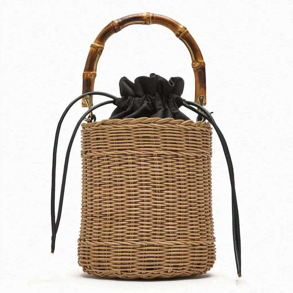 New Women's Bohemian Crossbody Bag Drawstring Straw Woven Bucket Bags Female Rattan Wicker Bamboo Handle Beach Handbags