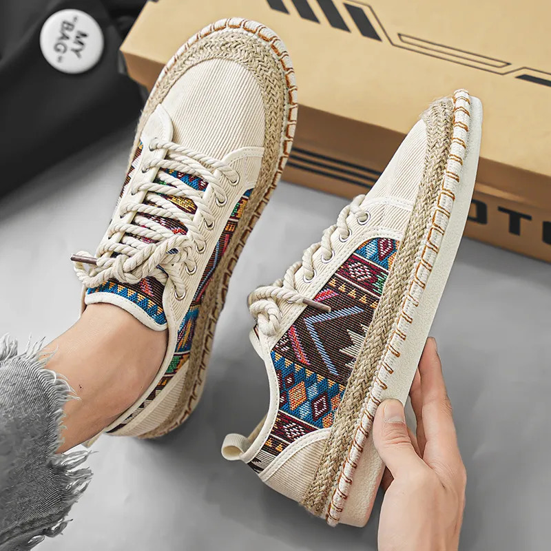 Ethnic Print Mens Fisherman Shoes Comfortable Breathable Men Canvas Shoes Lace-Up Flat Casual Shoes For Men Espadrilles Hommes 250712