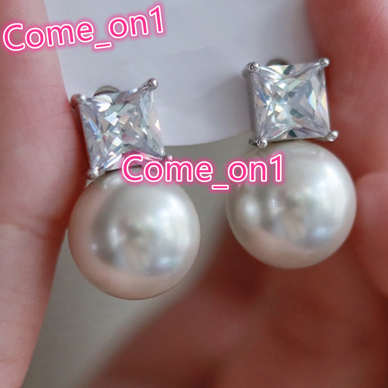 Wholesale Womens Trendy Princess Cut Cubic Zirconia Pearl Earrings Wedding Fashion Jewelry Silver Plated Stud Earrings