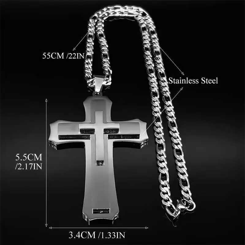 Big Jesus Cross Pendant Necklace for Men Stainless Steel Silver Color Link Figaro Chain Male Jewelry W250712