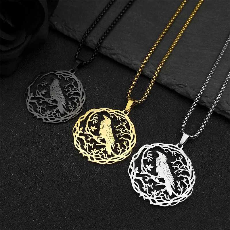 Hollow Crow Raven Birds Pendant Necklace Stainless Steel Black Color Love Flower of Life Knight Chain Jewelry Gifts W250712