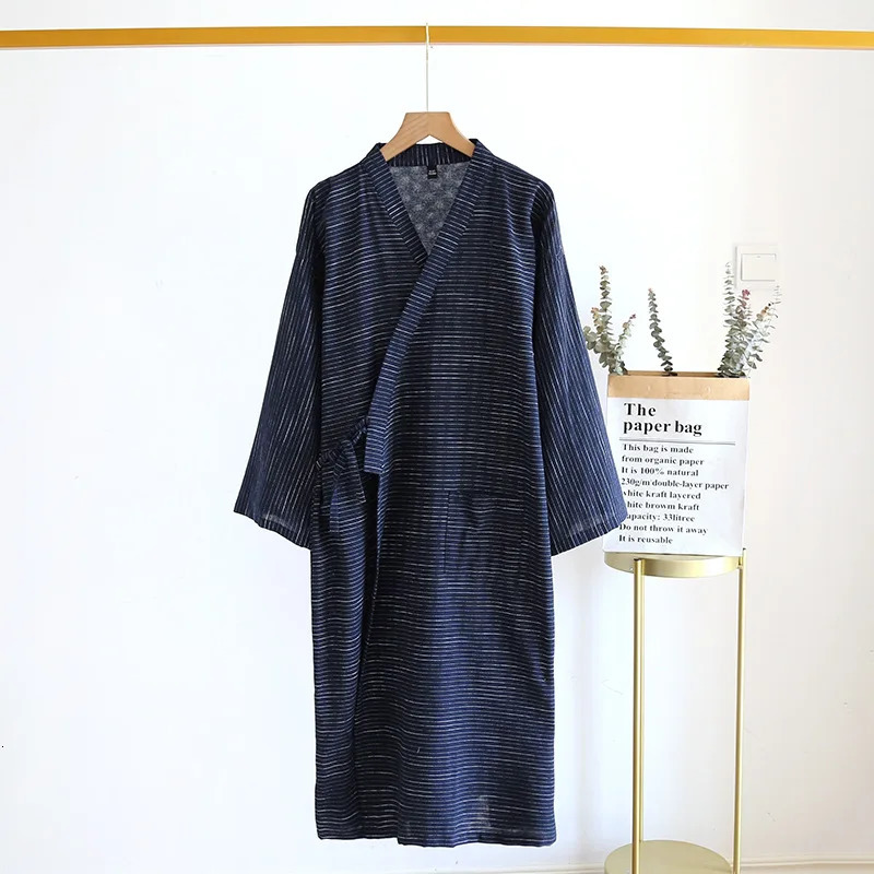 Spring And Summer Style Japanese Kimono Mens Bathrobe 100%Cotton Striped Nightgown Plus Size Yukata Home Sweat Steaming Set 250710