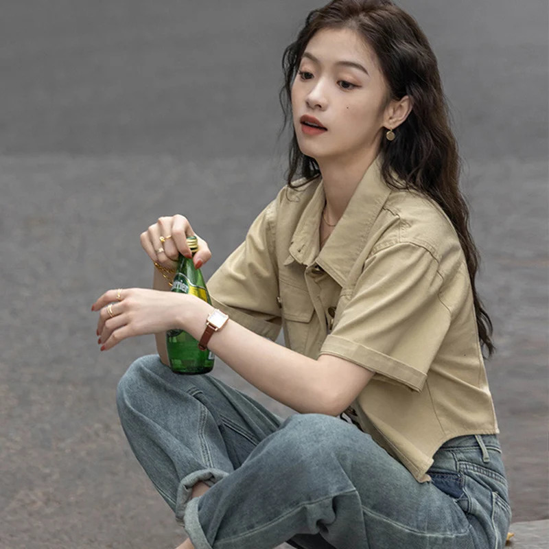Vintage Khaki Denim Shirt Women 2025 High Street Short Sleeve Cropped Summer Streetwear Y2K Cargo Jacket Female 250704