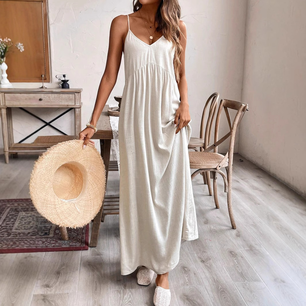 2025 Summer New Women's Fashion Skirt Solid Color Cotton and Hemp Dress Loose Strap Casual A-line Long Skirt New Luxury Designer Women's Ski
