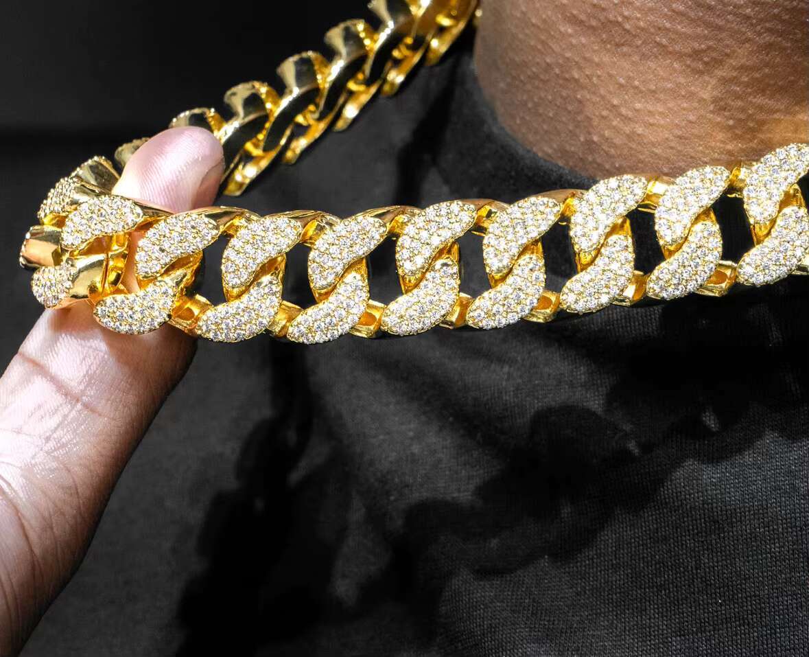 19MM Solid 925 Silver Hip Hop Cuban Link Chain 18K Gold Plated with Studded VVS1 Moissanite Diamond Passes Tester 16-30 Inches
