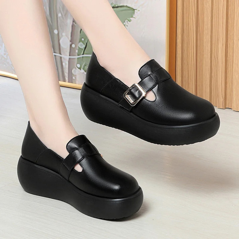 Spring Autumn Fashion Casual High Soft Bottom Leather Womens Round Toe Wedge Thick sole Anti-slip Single Shoes 250707