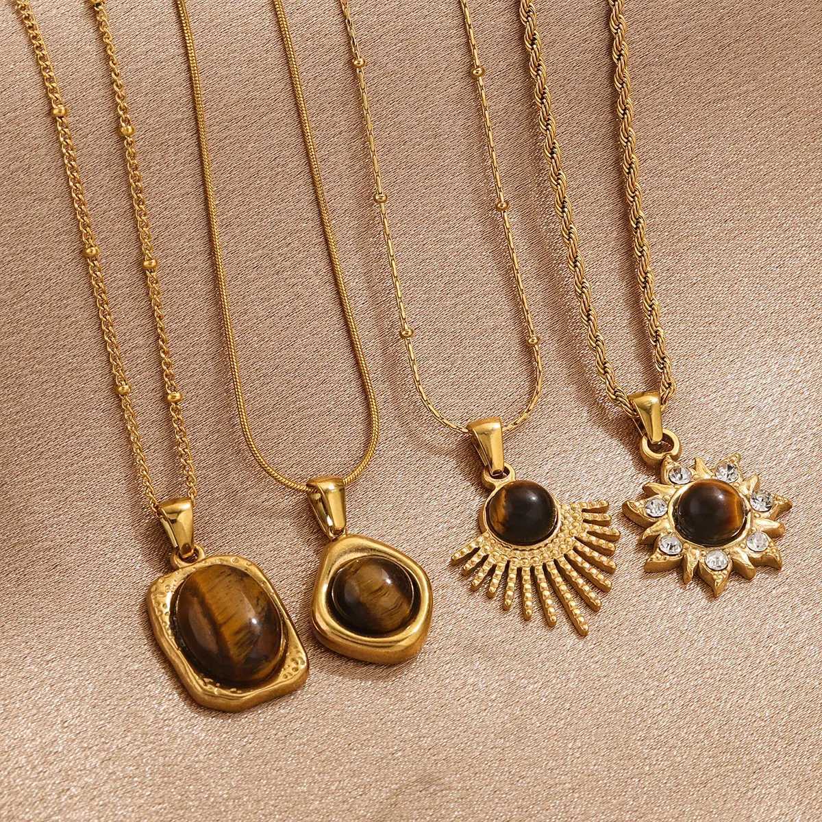 1 PCS Stainless Steel Brown Tiger Eye Stone Pendant Necklace for Women Men Vintage Fine Sweater Chain Jewelry Accessories 2024 W250712