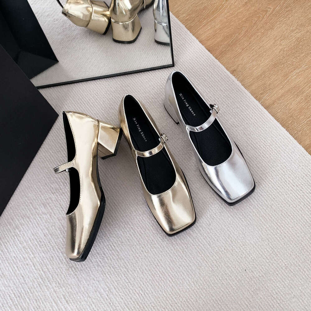 T8-8 Gold One-Word Buckle Mary Jane for Women, New Autumn Style, Chunky Heel Square Toe Shoes, Silver Mid-Heel Women's Shoes