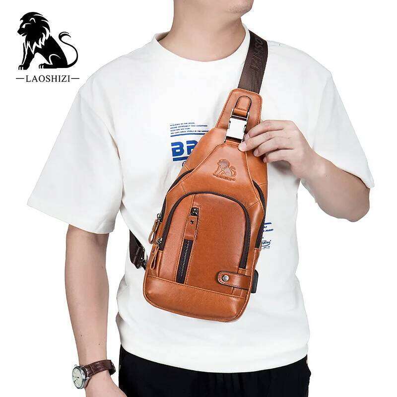 New 100% Genuine Leather Chest Bag Fashion Style Casual Crossbody Bags With USB Large Capacity Men's shoulder bag