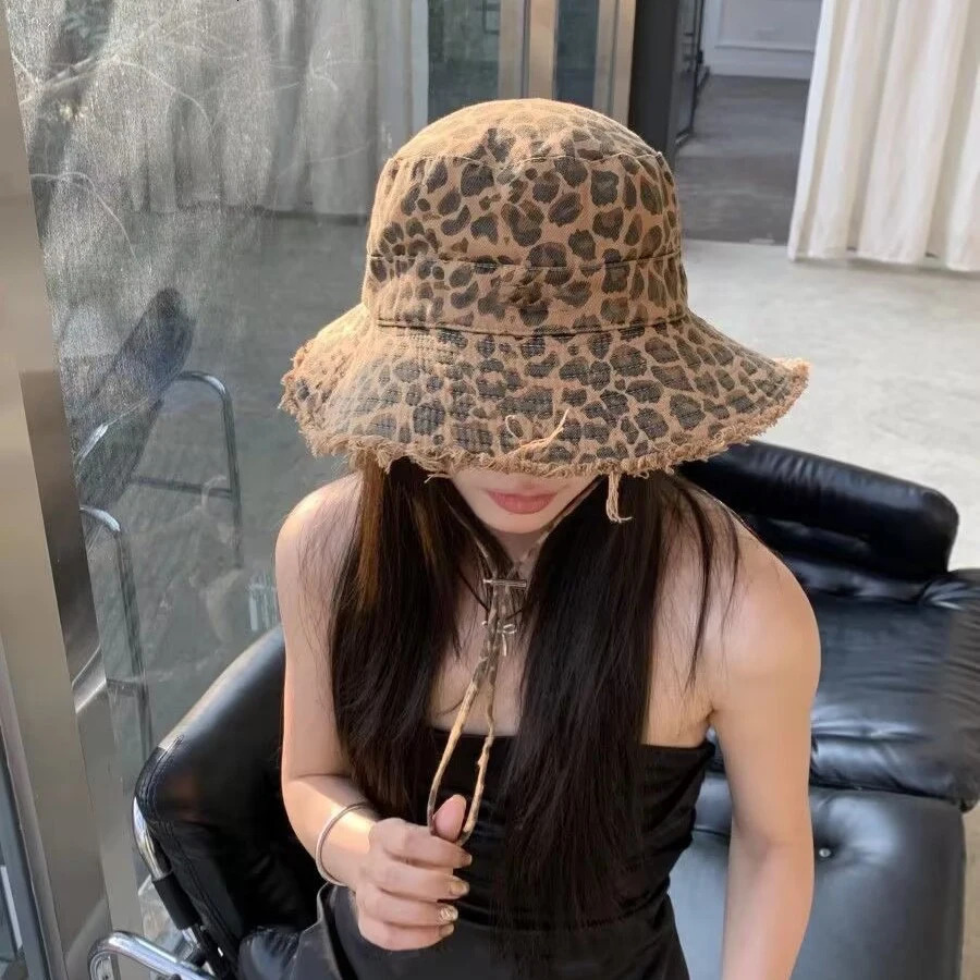 Leopard print fisherman hat for women spring and summer small basin hat large eave thin outdoor sun protection hat 250711