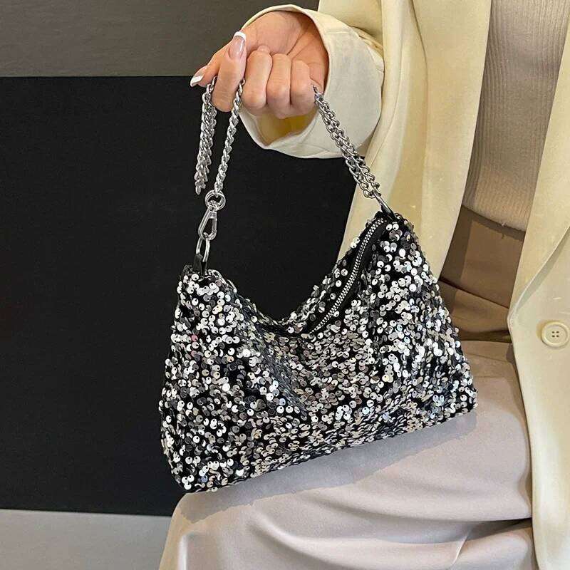 Women Bling Shoulder Chic Sequins Glitter Underarm Sling Adjustable Chain Strap Crossbody Bag Commute Shopping Handbags