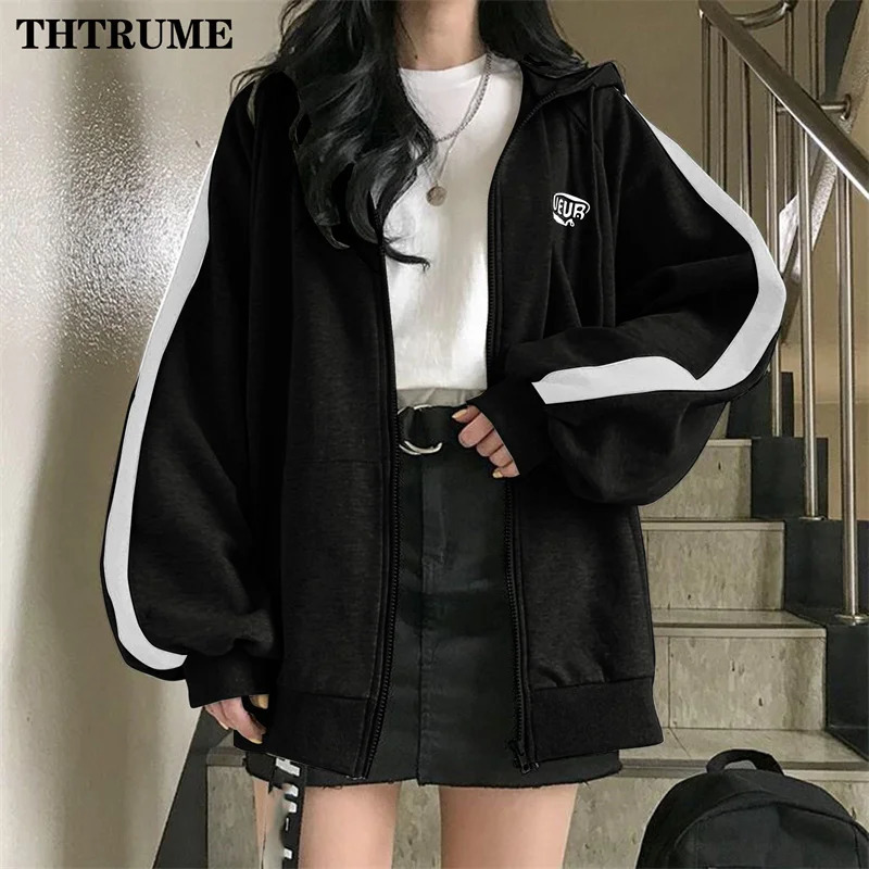 Harajuku Vintage Korean Hoodies Fashion Women Y2K Zipper Long Sleeve Oversized Streetwear Tops Casual Office Lady Sweatshirts 250707