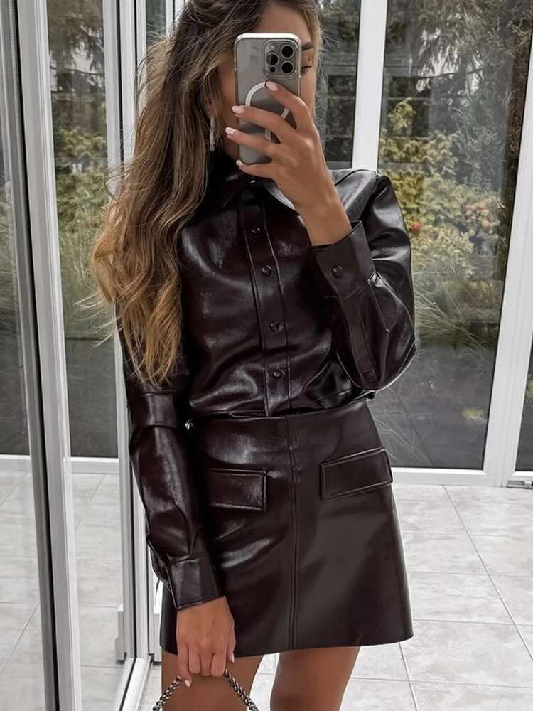 Solid Leather Bomber Jacket For Women Y2k Lapel Single Breasted Motorcycle Coat Female Autumn New Fashion Lady Chic Tops