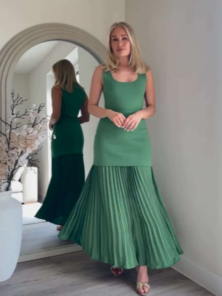 Chic Green Knitted Patchwork Pleated Midi For Women Holiday Sleeveless O-neck Party Long Dress Evening A-line Vestidos