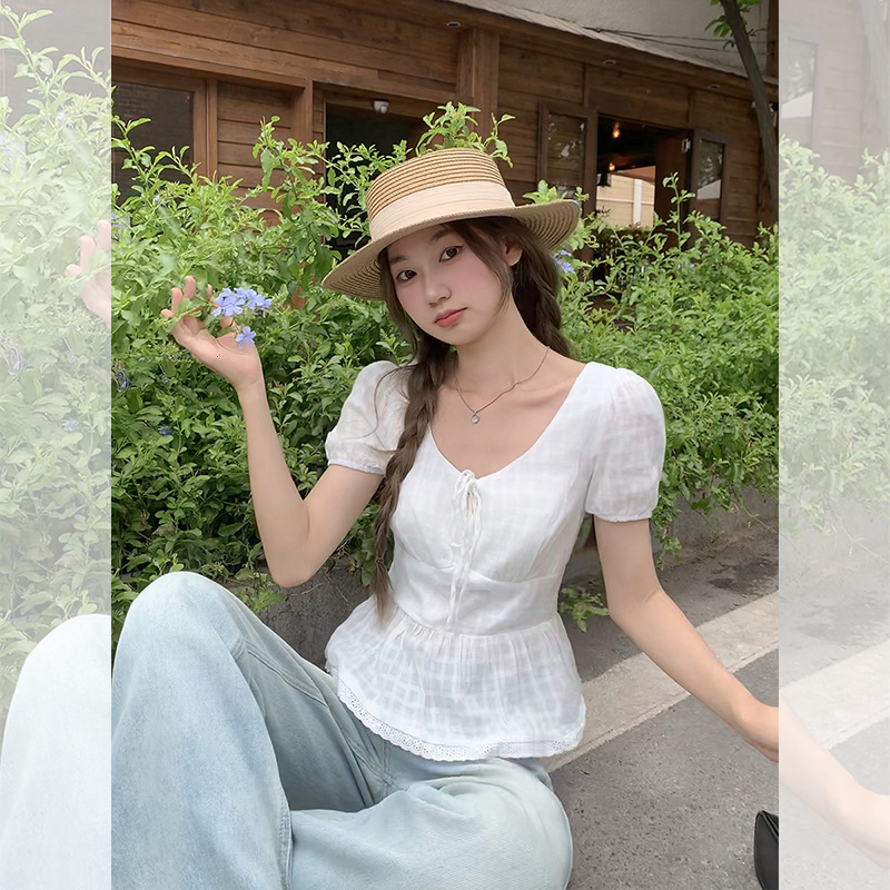 New Women's Top Pure Desire Style Bow Short Sleeve T-shirt Women's Summer New French Age Reducing Waist Slimming Short Top New Designer T-sh